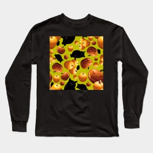 Black Cat and Pumpkins Tossed on Yellow Green Repeat 5748 Long Sleeve T-Shirt